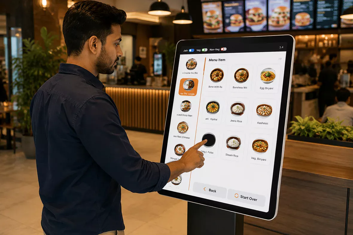 Customer ordering at self-service kiosk 